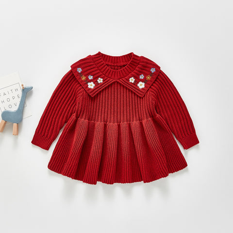 Pure cotton knitted dress- (Red, 12-18months)