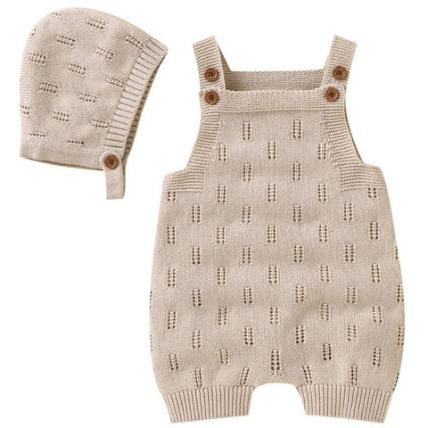 Beige Knitted Suspender Romper With Hat Set (9m-18m)