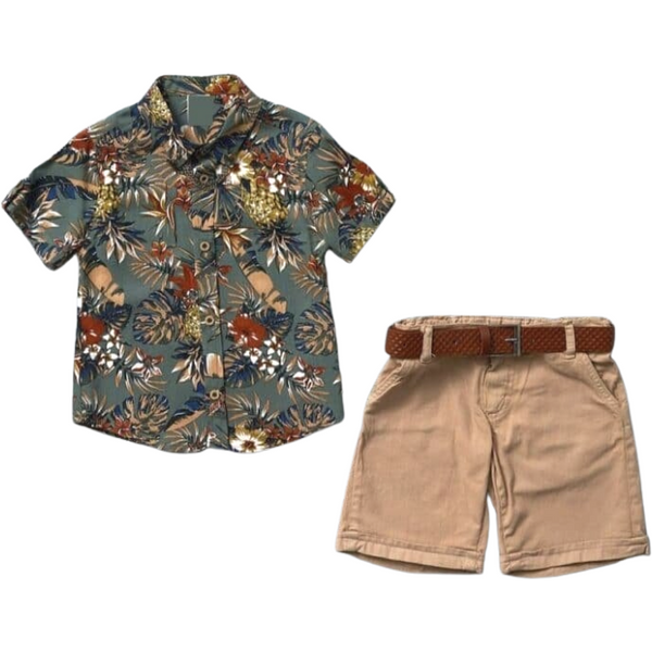 Boys Safari buttoned Shirt and Twill Short Set with Belt (5-8)