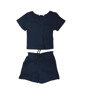 Ribbed co-Ord crop top and shorts set- Black (4-14 years)