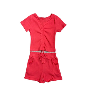 Ribbed co-ord crop top and shorts set- Coral (4-14 years)
